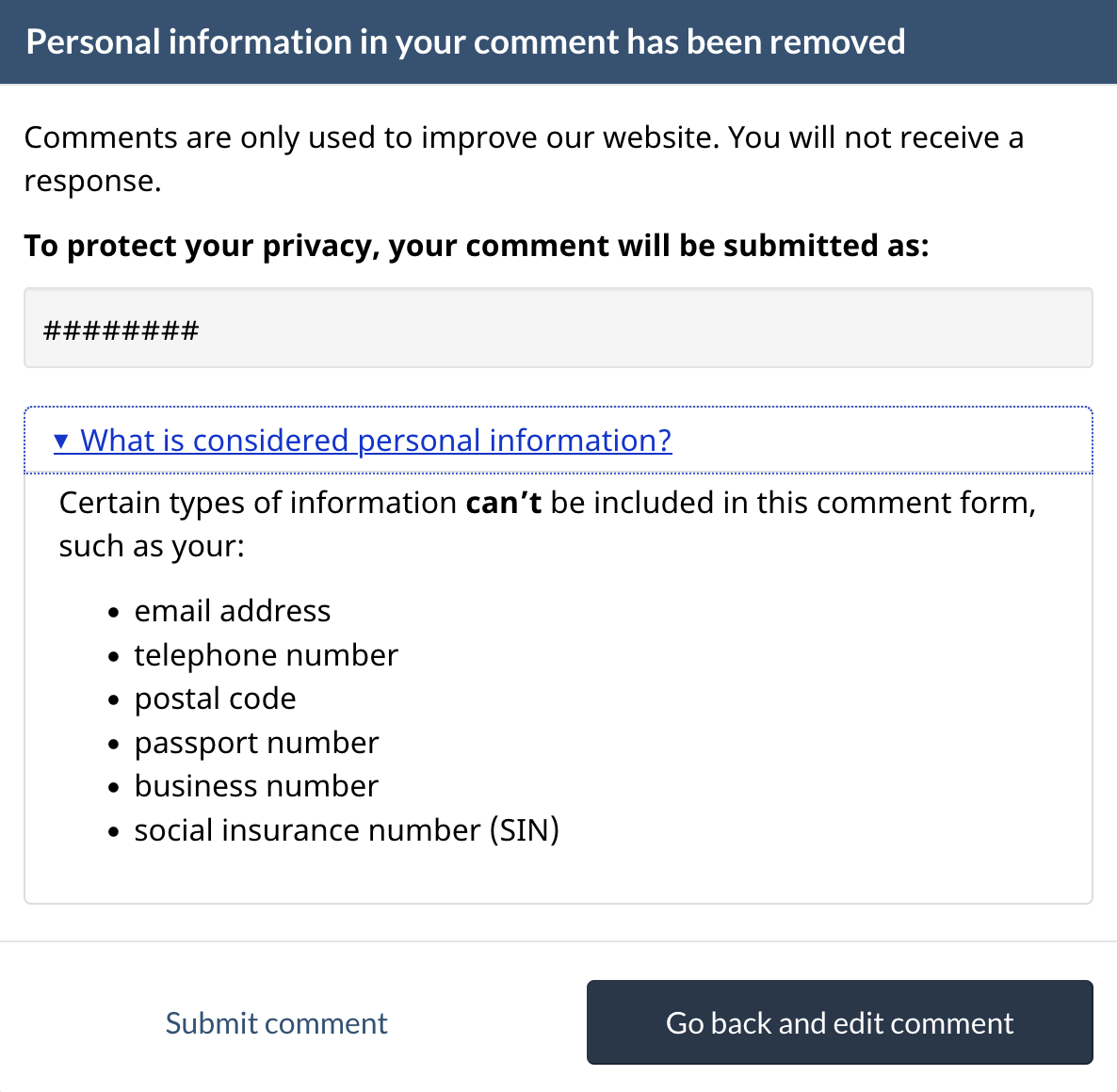 4. Pop-up message if personal information is detected. Text version below: