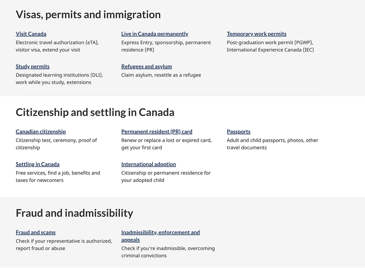 Services and information with headings and banding for large screen. Text version below: