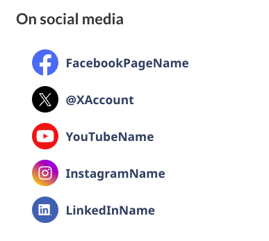 Social media channels (vertical view with labels) for small screens. Text version below: