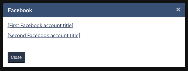 Social media lightbox modal for multiple accounts. Text version below: