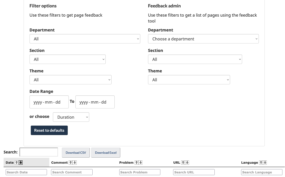 screenshot of the Feedback viewer showing the filter categories