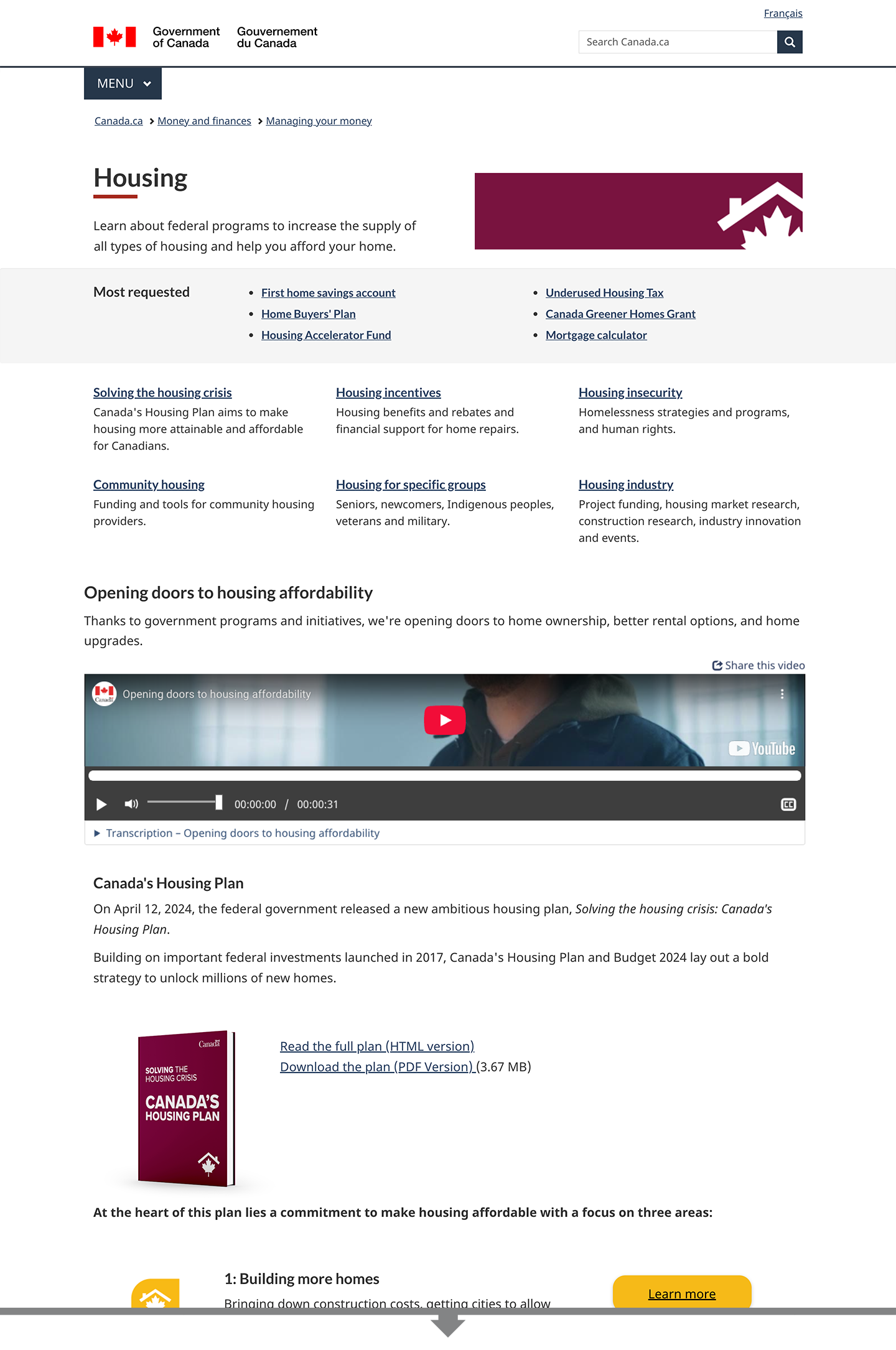 The Housing topic page on Canada.ca, with campaign branding added to the core content.