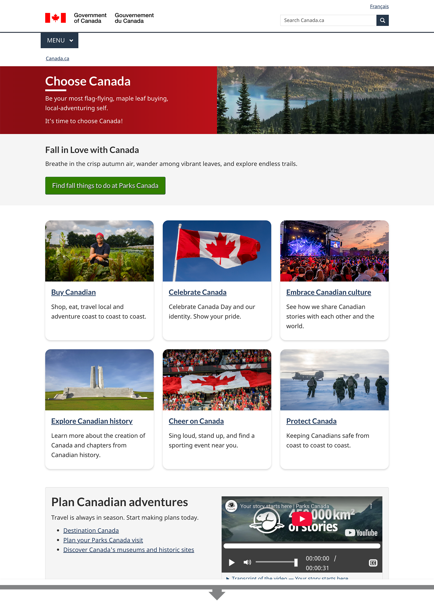 The Choose Canada campaign page on Canada.ca, which includes six cards that highlight different aspects of Canadian culture and industry. An embedded video called “Your story starts here” from Parks Canada is featured near the bottom of the page.