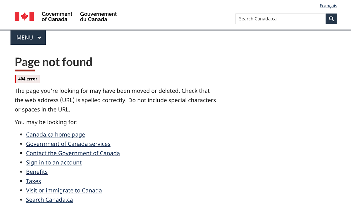 Unilingual 404 error page - large screen. Text version below:
