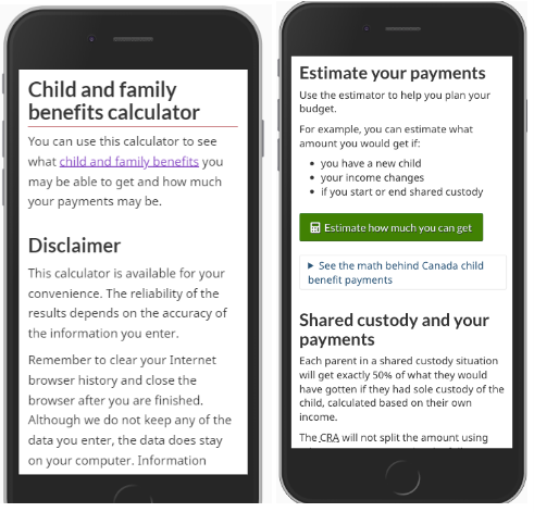 Screenshot of Canada Child Benefit before and after disclaimer removal