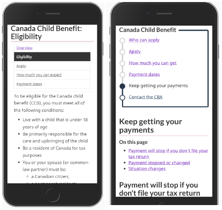 Screenshot of previous and new design for Canada Child Benefit with adjusted page titles