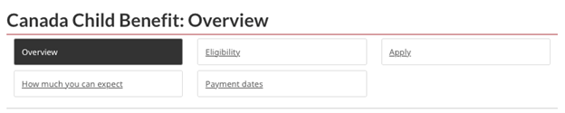 Screenshot of Canada Child Benefit navigation menu