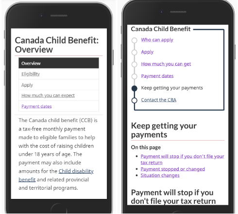 Screenshot of Canada Child Benefit previous multi-page navigation and new subway navigation