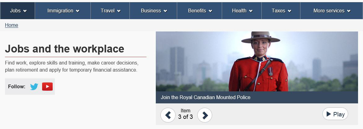 A Royal Canadian Mounted Police officer on the Canada.ca web page related to jobs and the workplace.