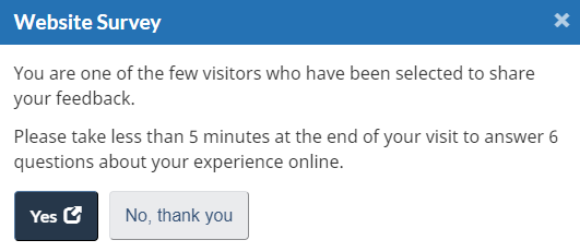 Survey invitation that reads "You are one of the few visitors who have been selected to share your feedback. Please take less than 5 minutes at the end of your visit to answer 6 questions about your experience online" Then there are two options for yes and no.